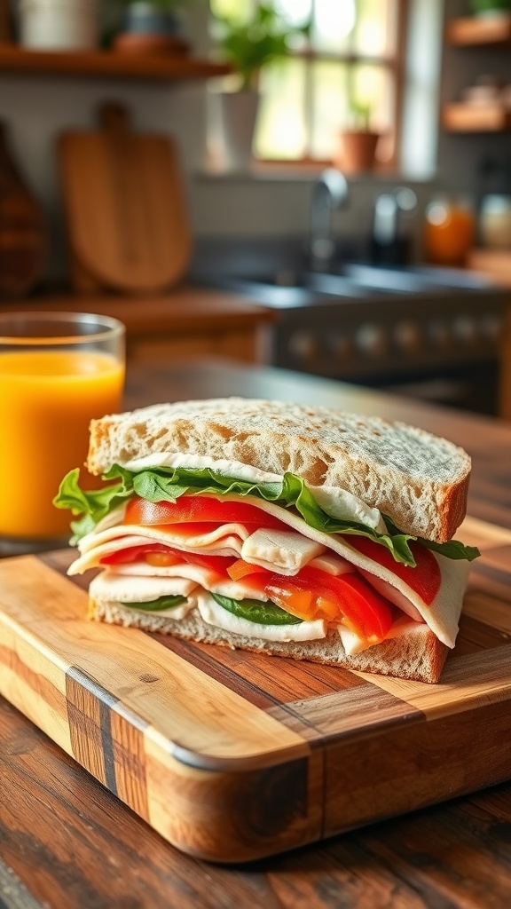 A classic turkey sandwich with lettuce and tomato on a wooden board, paired with a glass of fresh orange juice.